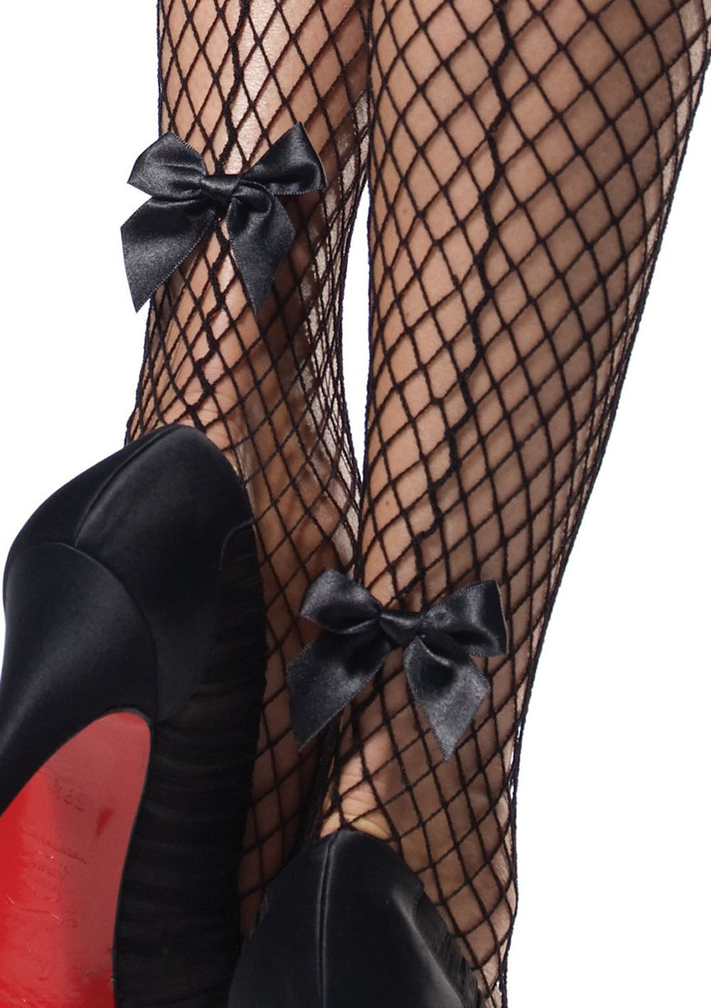 Stay Up Industrial Net Backseam Thigh Highs With Lace Top and Satin Bow Accent - One Size - Black | 714718397511 | Discreet Personal Wellness