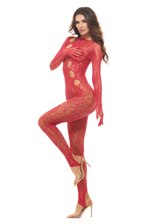 Split Up Lace Bodystocking - Red - Os | 198441043837 | Discreet Personal Wellness