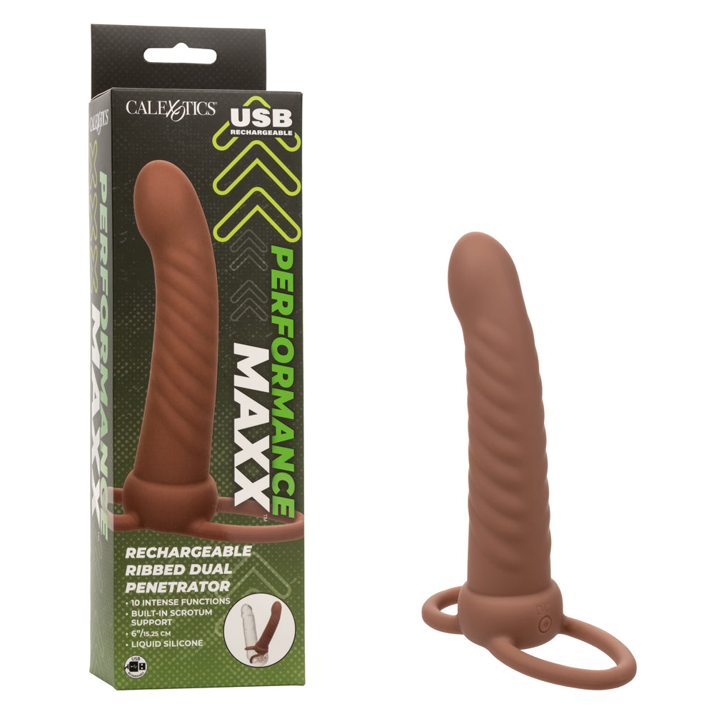 Performance Maxx Rechargeable Ribbed Dual Penetrator - Brown | 716770109323 | Discreet Personal Wellness