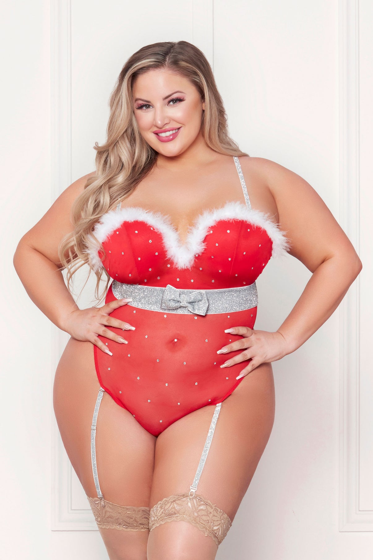 Rhinestone Studded Mesh Teddy With Marabou Trim - X-Large - Red | 840091731120 | Discreet Personal Wellness