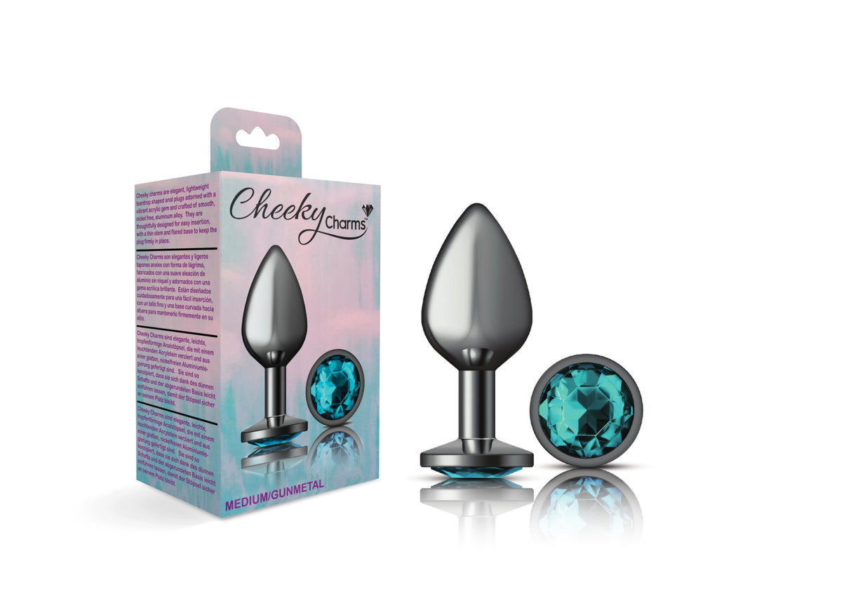 Cheeky Charms-Gunmetal Metal Butt Plug- Round-Teal-Medium | 850018691215 | Discreet Personal Wellness