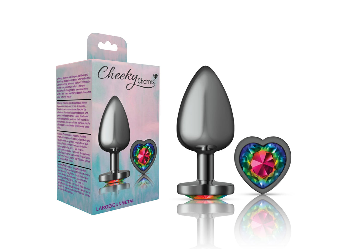 Cheeky Charms-Gunmetal Metal Butt Plug- Heart-Rainbow-Large | 850018691345 | Discreet Personal Wellness