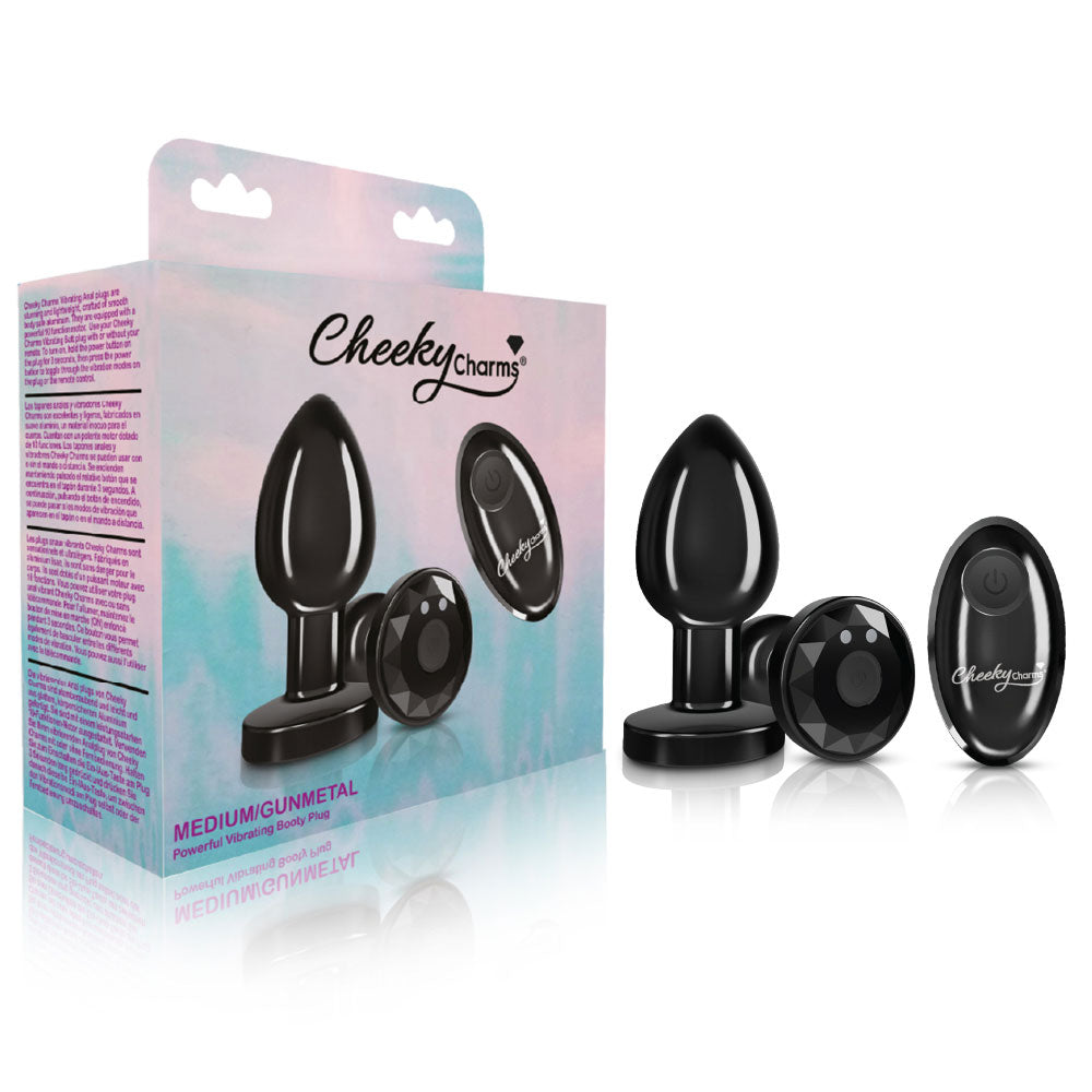 Cheeky Charms - Rechargeable Vibrating Metal Butt Plug With Remote Control - Gunmetal - Medium | 850018691451 | Discreet Personal Wellness